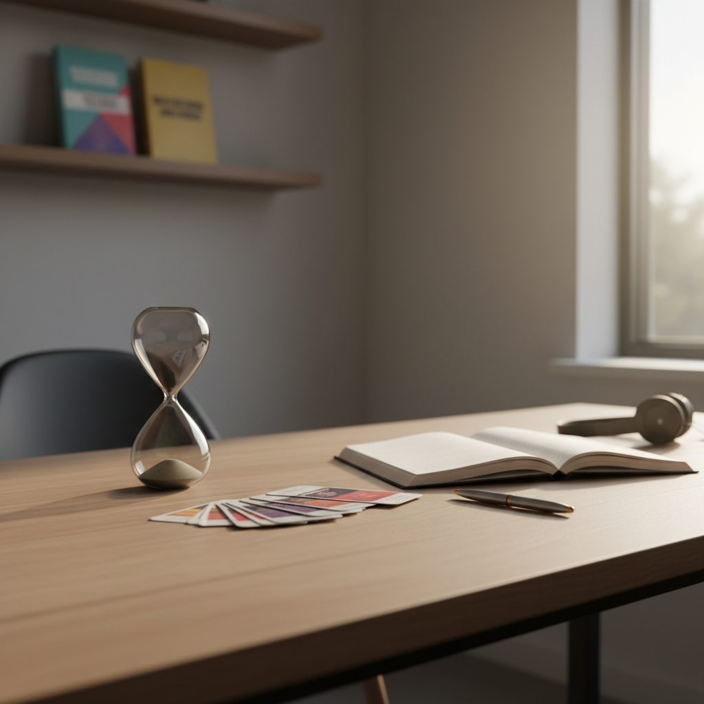 Un bureau de coach PNL contemporain et chaleureux, en photographie réaliste, avec un grand plan de travail en bois naturel parfaitement ordonné. On distingue un carnet de notes ouvert avec un stylo fin, un sablier design en verre fumé, un jeu de cartes de développement personnel étalé en éventail, et un casque audio posé soigneusement, symbolisant l’accompagnement et l’écoute. À l’arrière-plan, une bibliothèque minimaliste aligne quelques ouvrages colorés sur la communication et la confiance en soi, sans texte lisible. Une lumière de fin d’après-midi entre par une fenêtre latérale, baignant la scène d’une clarté douce et dorée, créant un contraste subtil entre zones de lumière et de pénombre. La composition en plan rapproché, avec faible profondeur de champ, donne une impression d’intimité professionnelle, calme et structurée.