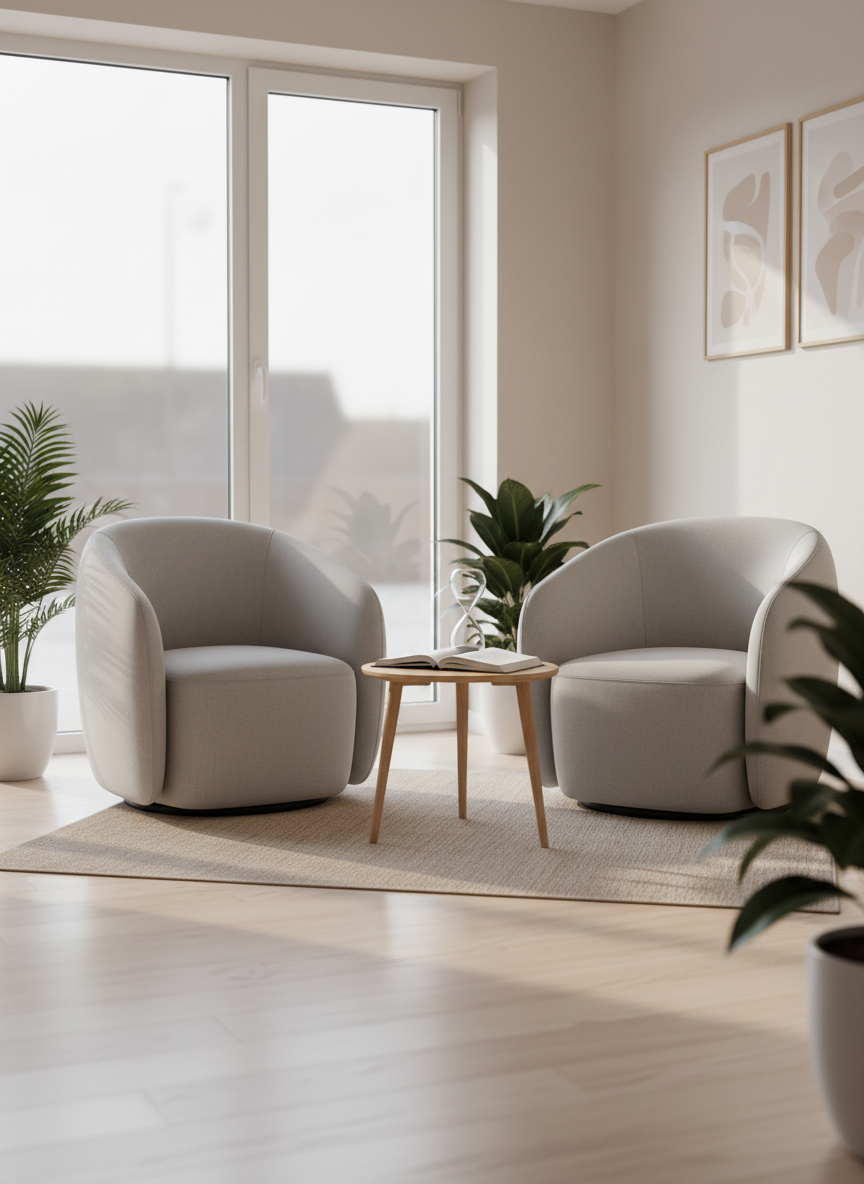 Une salle de consultation lumineuse et épurée dans un centre de bien-être moderne à Chapelle-lez-Herlaimont, photographiée en réalisme soigné. Au centre, deux fauteuils en tissu gris clair aux lignes douces se font face autour d’une petite table en bois clair avec un carnet ouvert et un sablier en verre dépoli, symbolisant l’écoute et le changement. De grandes fenêtres laissent entrer une lumière de matin légèrement diffuse, créant des reflets doux sur le parquet clair et des ombres très subtiles. Des plantes vert foncé dans des pots en céramique blanche apportent une touche de vie. L’ambiance est calme, rassurante et professionnelle. La composition est à hauteur d’yeux, en légère plongée, avec une profondeur de champ moyenne qui garde la pièce lisible tout en floutant légèrement l’arrière-plan pour renforcer la sensation de cocon.