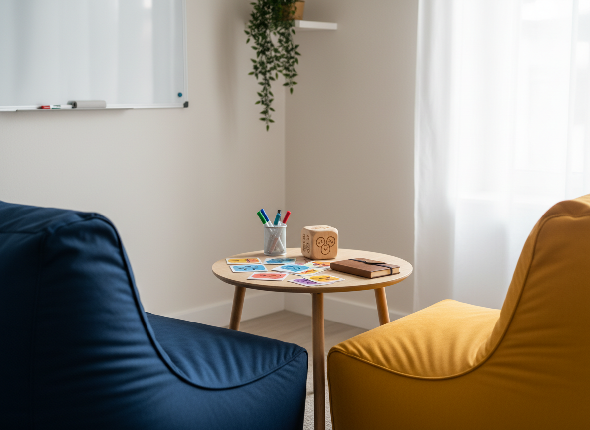 Une salle de travail confortable pensée pour l’accompagnement des adolescents et adultes autour des émotions, vue en photographie réaliste. Au premier plan, un coin avec deux poufs en tissu bleu nuit et moutarde, de texture douce, encadrant une petite table ronde en bois clair. Sur la table, un ensemble de cartes colorées avec des symboles abstraits d’émotions, un petit cube en bois gravé de pictogrammes et un carnet fermé avec un élastique. Au fond, un tableau blanc immaculé, quelques feutres rangés et une plante verte tombante sur une étagère. La lumière naturelle, légèrement voilée, provient d’une grande fenêtre sur la droite, créant une atmosphère accueillante, ludique mais clairement professionnelle. La prise de vue est à hauteur d’yeux, composition en règle des tiers avec une profondeur de champ nette sur tout l’espace.