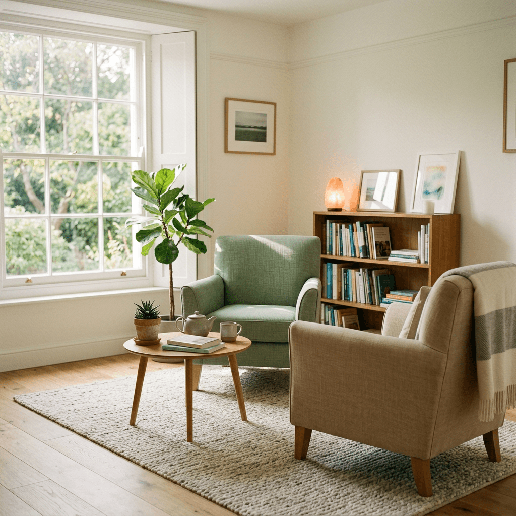 Living room corner with two armchairs, wooden coffee table, bookshelf, and large window